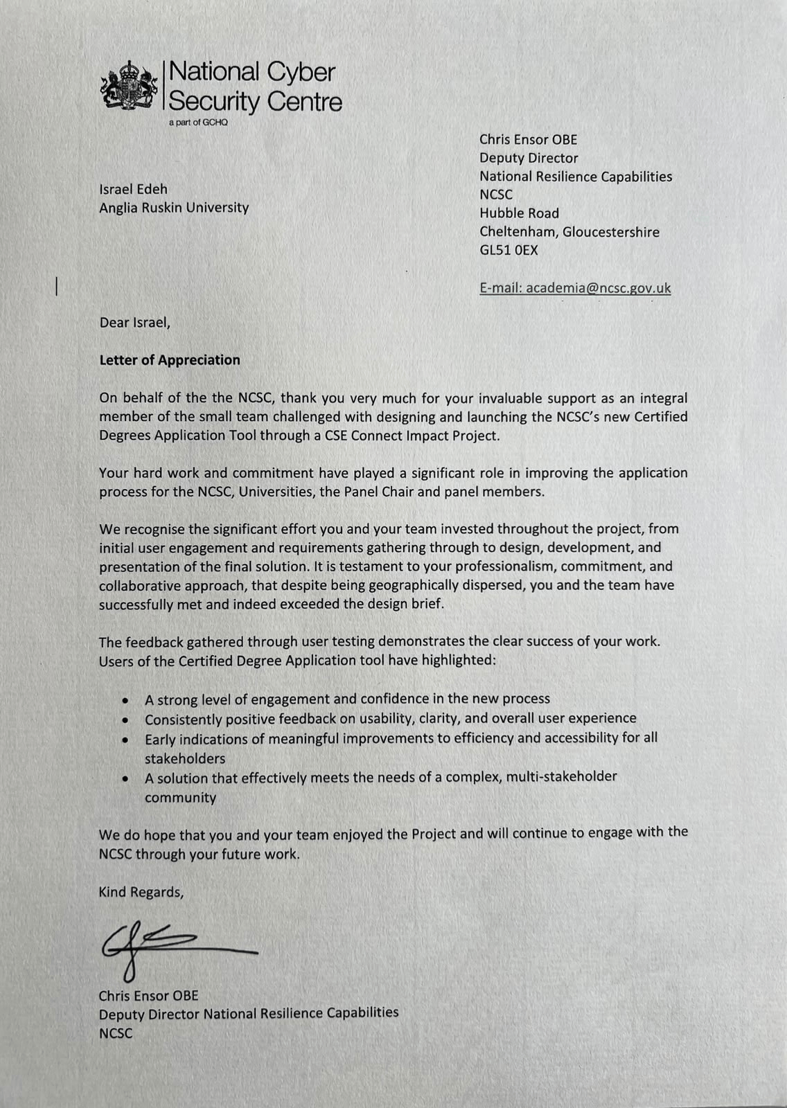 NCSC Letter of Appreciation